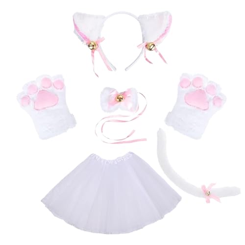 ASFWAGQ Katzenkostüm Katze Cosplay Set mit Tutu Katzenohren Haarreif Schwanzkragen Katzenkrallen Pfoten Handschuhe Fliege für Mädchen Erwachsen Karneval Cosplay Party Kostüm Set (Weiß) von ASFWAGQ