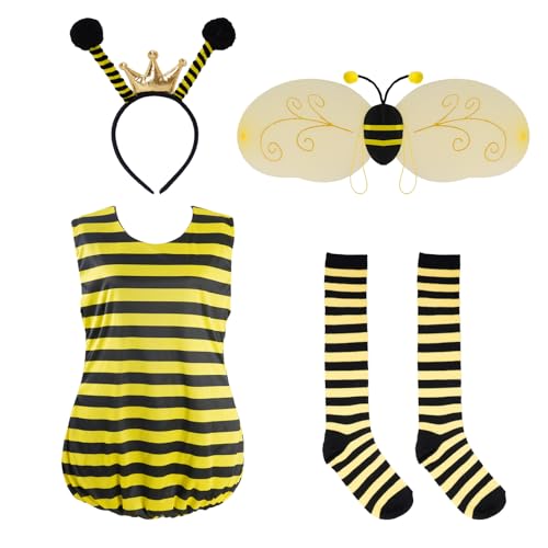 ASFWAGQ Bienen Kostüm Damen Bienenkostüm Faschings-Kostüme mit Flügeln Beinärmel und Haarreif für Cosplay Erwachsene Karneval Dress Up Party (XL) von ASFWAGQ