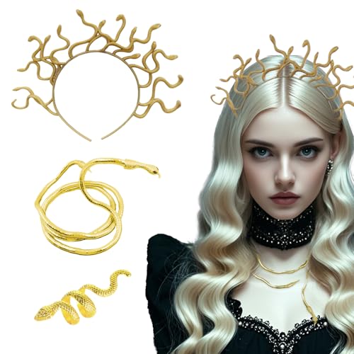 ASFWAGQ Medusa Schlangen Kopfschmuck Schlangen Haarreif Schlangen Halskette Armband Schlangenring Snake Headband für Karneval Halloween Cosplay Kostüme Accessoires Medusa Kostüm Zubehör von ASFWAGQ