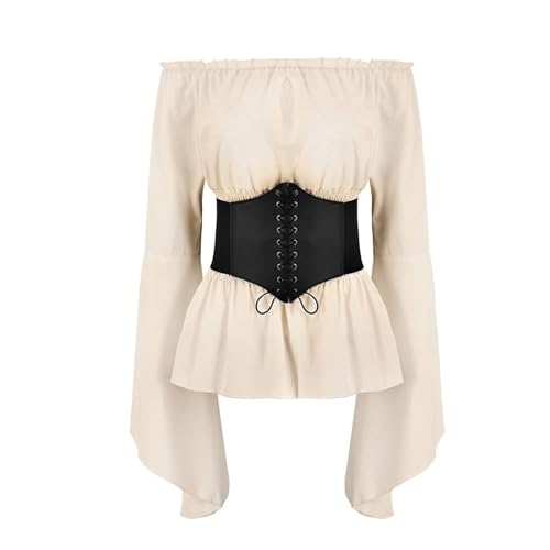 ASFWAGQ Mittelalter Bluse Damen Gothic Steampunk Oberteil Mittelalter Kleidung Renaissance Kostüm Mit Gürtel Schulterfrei Trompetenärmel Für Karneval Piraten Cosplay (Aprikose, M) von ASFWAGQ