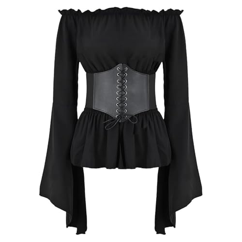 ASFWAGQ Mittelalter Bluse Damen Gothic Steampunk Oberteil Mittelalter Kleidung Renaissance Kostüm Mit Gürtel Schulterfrei Trompetenärmel Für Karneval Piraten Cosplay (Schwarz, M) von ASFWAGQ