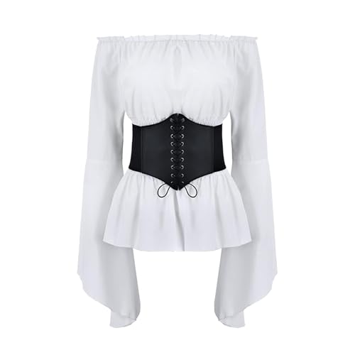 ASFWAGQ Mittelalter Bluse Damen Gothic Steampunk Oberteil Mittelalter Kleidung Renaissance Kostüm Mit Gürtel Schulterfrei Trompetenärmel Für Karneval Piraten Cosplay (Weiß, M) von ASFWAGQ