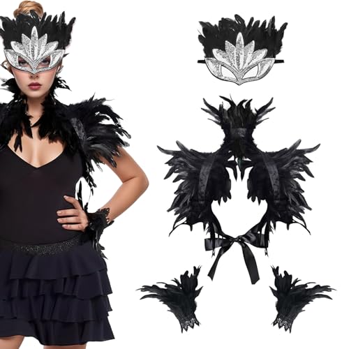 ASFWAGQ Schwarze Federumhang Gothic Feder Schal mit Feder-Manschetten Manschette Maske Achselzucken Federschal Böse Königin Kostüm Zubehör Federrock Pfau für Halloween Fasching Karneval Cosplay von ASFWAGQ