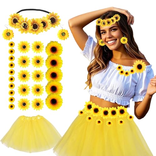 ASFWAGQ Sonnenblumen Kostüm Damen, Sonnenblumen Kostüm Accessoires Set, Sonnenblumen Headband Tutu Skirt Earrings Zubehör, Blumen Kostüm Damen für Karneval Halloween Fasching Mottoparty von ASFWAGQ