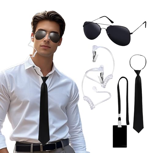 Agent Accessories Set Spion Ohrhörer Spielzeug Geheimdienst Kostüm Zubehör Chauffeur Cosplay mit schwarz Sonnenbrille Zip Krawatte Hörer ID Karte Security Guard für Fasching Karneval Halloween Party von ASFWAGQ