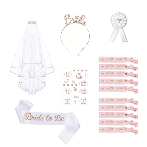 Deko Armband Set, 16 PCS Braut to Be und Team Bride Schärpe Set mit 10 Team Bride Armband,1 Braut Schärpe,Tiara,Tattoos,Abzeichen,Schleier,für Junggesellinnenabschied von ASFWAGQ