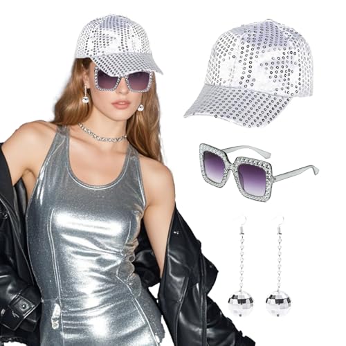 Disco Accessoires 70er Jahre Glitzer Kostüm Damen Disco Outfit Fasching mit Disco Hut, Brille Sonnenbrille, Ohrringe, Fasching Disco Discokugel 70er 80er Jahre Outfit Damen für Fasching Karneval von ASFWAGQ