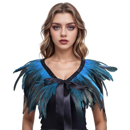 Federkragen, Gothic Feder Achselzucken Schalkragen Feder Epaulet Cape Schal für Halloween Kostüm Cosplay Party Kleidung (Blau) von ASFWAGQ