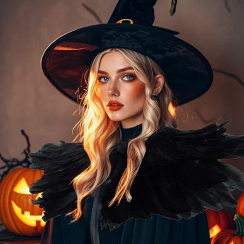 Federkragen Gothic Feder Achselzucken Schalkragen Feder Epaulet Cape Schal für Halloween Karneval Kostüm Cosplay Party Kleidung (Schwarz) von ASFWAGQ