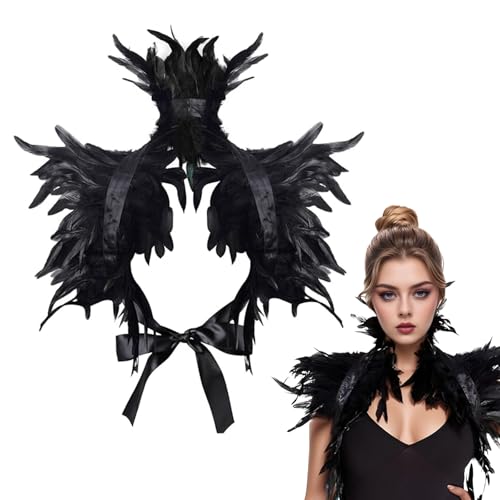 Federumhang Gothic natürlicher Federschal Kostüm Accessoires Feder Kostüm Feder Shrug Schal Wrap Schulterwickel Gothic Kragen für Halloween, Karneval, Party Cosplay (Schwarz) von ASFWAGQ