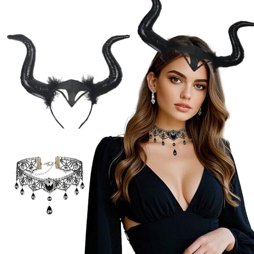 Königin Hörner Kopfschmuck mit Dämonenhorn Teufel Horn Kopfbedeckung Damen Gothic Spitze Halskette Schwarz Set für böse Gothic Dekoration Halloween teufelshörner Maskerade Cosplay Mädchen Karneval von ASFWAGQ