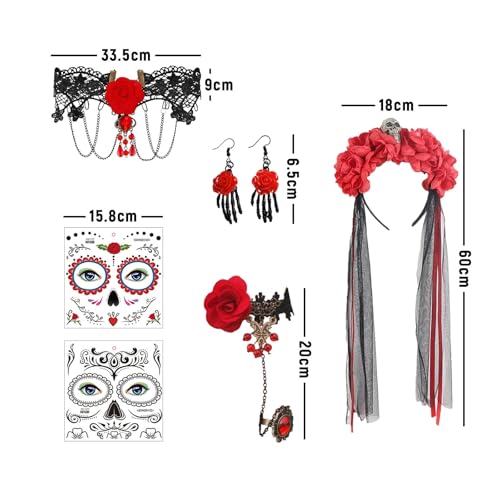 Halloween Tag der Toten Haarreif und Schleier Gesicht Tattoos Karneval Accessoires Kostüm Mexikanische Stirnband Haarschmuc Frauen Damen Kopfschmuck Schleier für Halloween Karneval Cosplay (7PCS) von ASFWAGQ