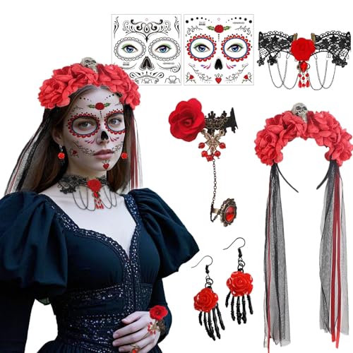 Halloween Tag der Toten Haarreif und Schleier Gesicht Tattoos Karneval Accessoires Kostüm Mexikanische Stirnband Haarschmuc Frauen Damen Kopfschmuck Schleier für Halloween Karneval Cosplay (7PCS) von ASFWAGQ