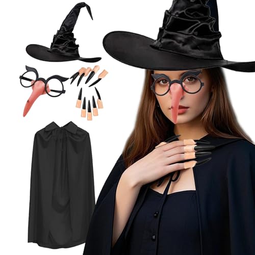 Hexenkostüm Damen Halloween, Hexenumhang Hexenhut Damen, Unisex Umhang mit Kapuze, Hexen Silikon Nase, Hexehandschuhe und Hexennägel Damen Hexe Accessoires für Halloween Cosplay Maskerade Zubehör von ASFWAGQ