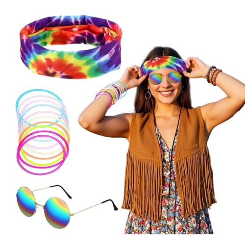 ASFWAGQ Hippie Kostüm Accessoires 60er 70er 80er Jahre Hippie Verkleiden Sich für Damen und Herren Buntes Hippie Party Kostüm Set mit Hippie Stirnband,Brille,Handgelenkband von ASFWAGQ