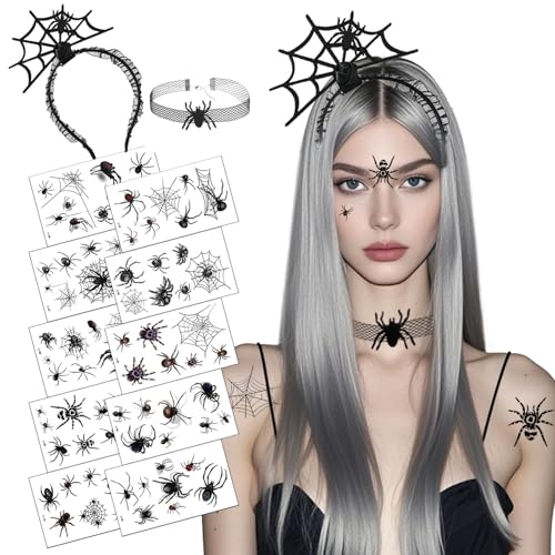 Karneval Haarreif Spinne Halsketten Spinnen Haarschmuck Frauen mit 10 Blätter Tattoos Spinne Halloween Accessoires für Karneval Halloween Party Kinder Damen Schminke Fasching Kostüm Party Accessoire von ASFWAGQ