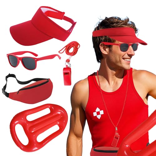 Lifeguard Fasching Kostüm Rot Rettungsschwimmer Kostüm Set Erwachsener mit Visor Verstellbare Sonnenschutz hut Sonnenbrille Sportpfeifen Boje Rettungsring Bademeister für Karneval Halloween (5) von ASFWAGQ