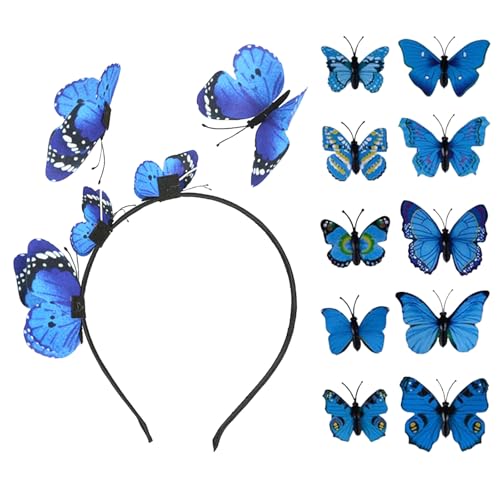 Schmetterling Haarreif, 10 Schmetterling Haarspange und 1 Schmetterling Haarreif Stirnband Party Haarreif Kopfschmuck Stirnband Accessoires für Karneval Ostern Kostüm Hochzeit Kopfbedeckung (Blau) von ASFWAGQ