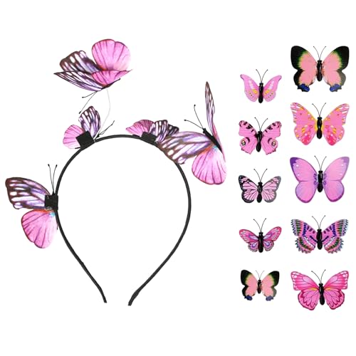 Schmetterling Haarreif, 10 Schmetterling Haarspange und 1 Schmetterling Haarreif Stirnband Party Haarreif Kopfschmuck Stirnband Accessoires für Karneval Ostern Kostüm Hochzeit Kopfbedeckung (Pink) von ASFWAGQ