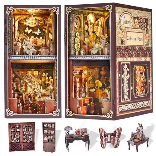 ASLOWSNAIL Book Nook Kit, DIY 3D Holz Puzzle Bücherecke Miniatur Puppenhaus, Booknook Kit Bookend Bücherregal Insert Dekor mit LED-Licht für Erwachsene und Jugendliche (Butterfly Collection Room) von ASLOWSNAIL