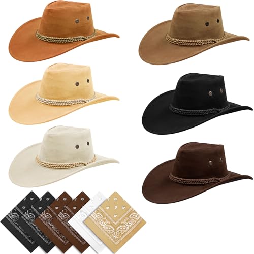 6 Stück Western Cowboy Hüte Set, Cowboyhut mit Bandanas, Cowgirl Party Hüte für Männer Frauen Erwachsene Kostüm Party von ASMIZ