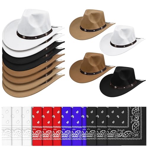 ASMIZ 12 Stück Western-Cowboyhut, Filz-Panamahut und Bandana, für Herren, Cowboy-Motto-Party-Hüte mit Krempe, Cowgirl-Hut für Damen, für Halloween, Cosplay von ASMIZ