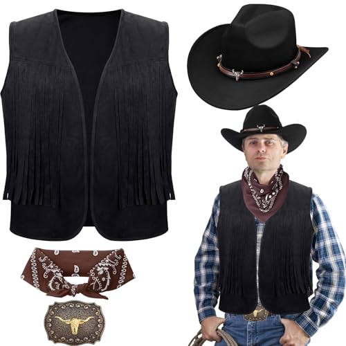 ASMIZ Cowboy-Kostüm für Herren, Western-Outfits, Cowboy-Quaste, Weste, Hut, Gürtelschnalle, Paisleymuster, Bandana für Halloween, Cosplay, 4 Stück von ASMIZ