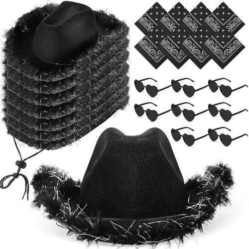 ASMIZ Cowgirl-Hüte mit Paisleymuster und Herz-Sonnenbrille, flauschige Feder, Cowgirl-Hut für Damen und Mädchen, Hochzeit, Junggesellinnenabschied, Kostümzubehör (schwarz), 24 Stück von ASMIZ