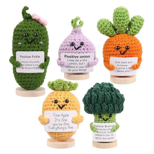 ASMPCUE 5er Set Pocket Hug Positive Doll mit Positivkarte, Creative Knitting Wool Doll mit Holzsockel, Stressabbau Fluffy Stuffies Lucky Charm Courage Gift, Get Well Gift, Cheer Up School Gift von ASMPCUE