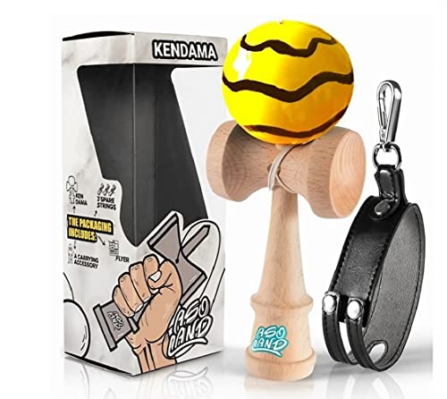 ASOLAND Kendama - Traditionelles Holzspielzeug - Japanisches Stilvolle Bilboquet mit Gürtelhalterung - Komplettset = Ständer + 3 Seile + Anleitung - Geschenkidee (gelb schwarz gestreift) von ASOLAND