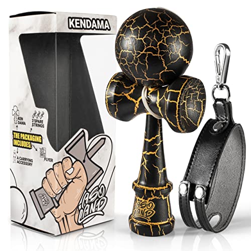 Kendama – Japanisches Holzspielzeug – Traditionelles Geschicklichkeitsspiel für Kinder & Erwachsene – Trainiert Reflexe & Geschick – Komplettset für Anfänger & Fortgeschrittene (Schwarz und Gold) von ASOLAND