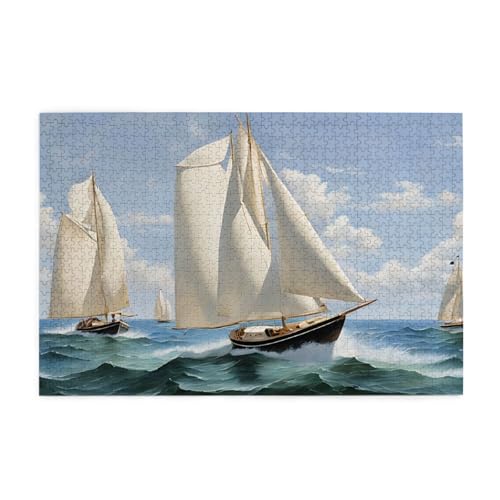 Holz-Puzzle, 1000 Teile, herausforderndes Bildpuzzle, Geschenk für Erwachsene, 75 x 50 cm, Segelboot, Schiffslandschaft von ASPOIJHN