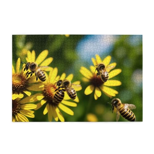 Holzpuzzle, 1000 Teile, herausforderndes Bilderpuzzle, bestes Geschenk für Erwachsene, 75 x 50 cm (Bienen und Blume) von ASPOIJHN