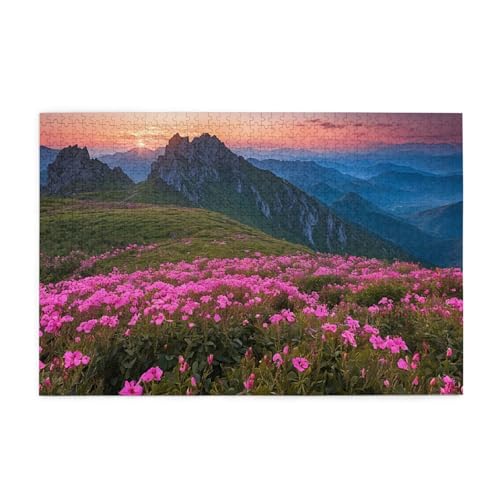 Holzpuzzle, 1000 Teile, herausforderndes Bilderpuzzle, bestes Geschenk für Erwachsene, 75 x 50 cm (Natur, Lila, Blumen, Wiese, Berge, Landschaft) von ASPOIJHN