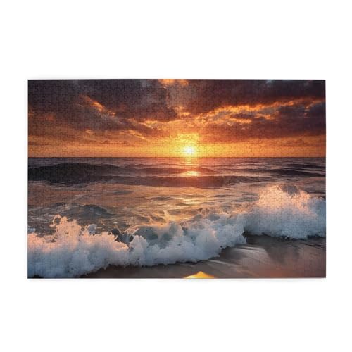 Holzpuzzle, 1000 Teile, herausforderndes Bilderpuzzle, bestes Geschenk für Erwachsene, 75 x 50 cm (Sonnenuntergang Strand) von ASPOIJHN