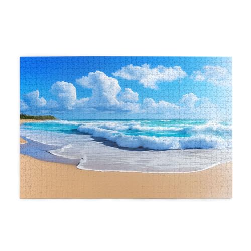 Holzpuzzle, 1000 Teile, herausforderndes Bilderpuzzle, bestes Geschenk für Erwachsene, 75 x 50 cm (Strand und Meer) von ASPOIJHN