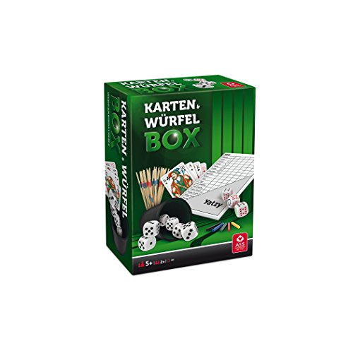 Ass Altenburger 22574102 Karten und Würfelbox mit Würfelbecher, Würfeln, Pokerwürfeln, Skatspiel, Knobelstäbchen, Mikadostäbchen, Spielblock Yatzy, Silver von ASS Altenburger