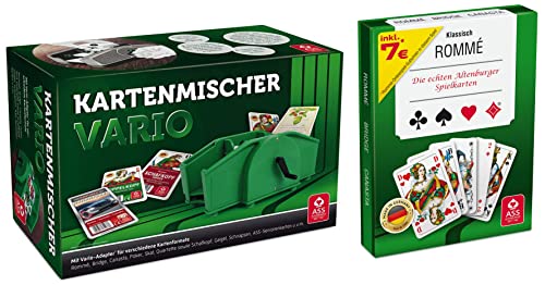 ASS Altenburger 22574033 - Kartenmischer Vario mit Handkurbel, für unterschiedliche Kartenformate geeignet, Grün, 24,30 cm 15,70 cm 10,60 cm & Altenburger - Kartenspiel Rommé in Stülpdeckelschachtel von ASS