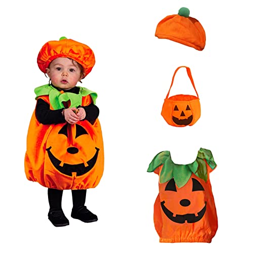 ASSUGO halloween kostüm kürbis kinder, kinder kürbis kostüm mit süssigkeiten beutel, kürbis kostüm kinder mit hut, halloween kostüm kinder mädchen jungen für Fasching Party 3-10 Jahre von ASSUGO