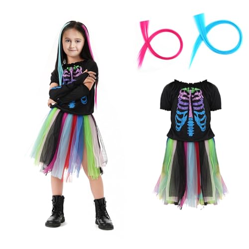 ASSUGO Neon skelett kostüm kinder, halloween kostüm mädchen, 4 pcs Set Beinhaltet halloween kostüm kinder mädchen skelett kleid, Halloween Kostüm Dress Up Partys (L(130-140CM)) von ASSUGO