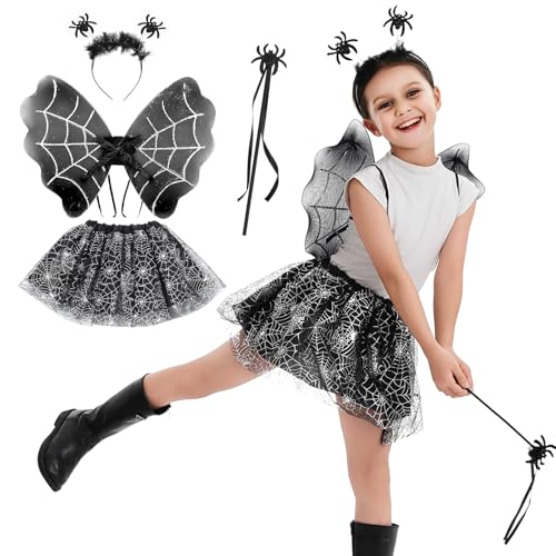 ASSUGO halloween spinnen kostüm kinder, 4pcs spinnenkostüm für kinder, halloween kostüm kinder Fledermaus Kostüm Set mit Tüllrock, Flügel, Zauberstab und Tiara für Karneval Halloween Cosplay Party von ASSUGO