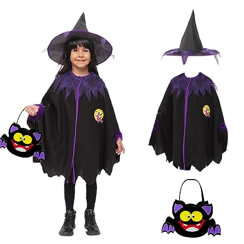 ASSUGO Halloween Umhang Kinder, halloween kostüm kinder mädchen mit halloween tüten, Lila-Schwarz Hexenkostüm Mädchen mit Hexenhut für Fasching Karneval Party 3-10 Jahre 100-140cm von ASSUGO