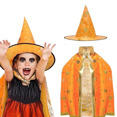 ASSUGO halloween umhang kinder, halloween kostüm kinder mit hexenhut kinder, kinder halloweenkostüm für Jungen Mädchen 3-12 Jahre (Orange) von ASSUGO