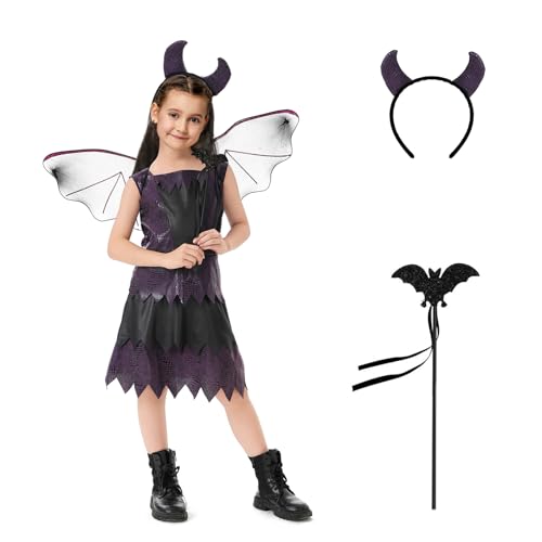 ASSUGO Fledermaus kostüm kinder, halloween kostüm kinder fledermaus, enthält fledermaus kostüm mädchen lila kleid,haarreif halloween,fledermaus flügel,Zauberstab Geeignet Party (L(120-130CM)) von ASSUGO