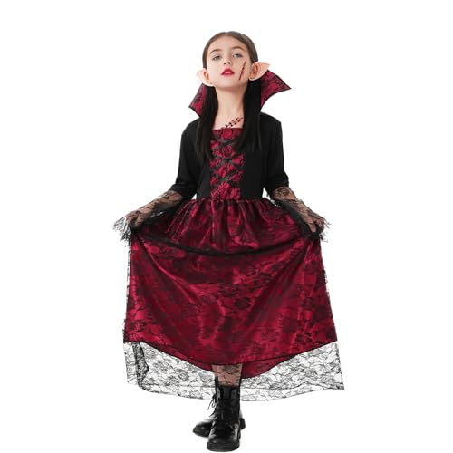 Halloween vampir kostüm kinder mädchen, halloween kostüm kinder vampir mädchen , vampir kleid , Elfenohren ,10 halloween tattoo ,Geeignet für kinder halloween kostüm partys , Karnevals(L(120-130cm)) von ASSUGO