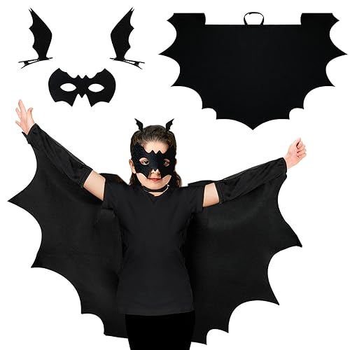 ASSUGO fledermaus kostüm kinder, fledermaus umhang kinder schwarz mit haarreif und maske, fledermausflügel kinder mädchen, Haarspangen 3PS für Halloween Cosplay Party für Kinder (4-10) von ASSUGO