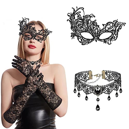 ASSUGO halloween steampunk damen zubehör 3 PCS, halloween kostüm damen armstulpen gothic netzhandschuhe, gothic schmuck Halskette, venezianische maske damen für Maskenball Karneval Maskerade von ASSUGO