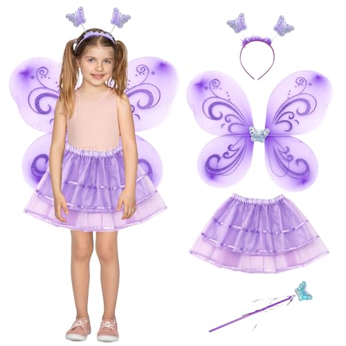 ASSUGO schmetterlingsflügel kinder, 4pcs feenflügel kinder mit tüllrock, fairy wings,Zauberstab und Haarreif, schmetterling kostüm kinder mädchen von 2-8 Jahren (violett) von ASSUGO