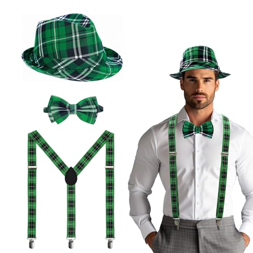 ASSUGO 3 Stück st patricks day kostüm, leprechaun patrick kostüm Set mit 1 st patricks day hut 1 fliege grün und 1 st. patricks day accessoires hosenträger für Erwachsene, kind St Pa's Party besuchen von ASSUGO