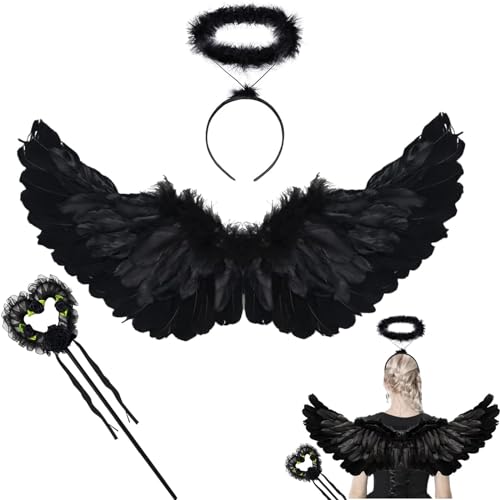 ASSUGO Teufel kostüm Damen engelsflügel schwarz , engelskostüm Damen Karneval deko mit heiligenschein schwarz , faschingskostüm Damen Engel kostüm für Halloween Party Fasching flügel Erwachsene von ASSUGO